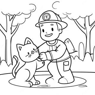 Freundlicher Feuerwehrmann rettet eine Katze Ausmalbild | Gemeinschaftshilfen Ausmalbild