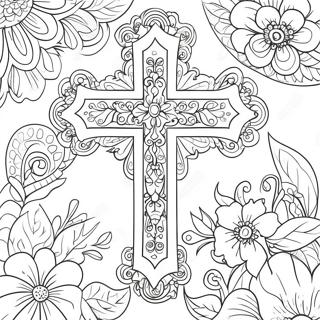 Verziertes Kreuz mit blühenden Blumen Ausmalbild | Kreuz mit Blumen Ausmalbild