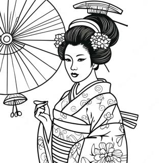 Elegante Geisha im Kimono Ausmalbild | Geisha Ausmalbild
