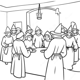 Historische Szene der Hexenprozesse von Salem Ausmalbild | Salem Hexenprozesse Ausmalbild