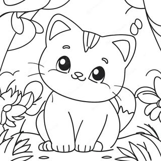 Verspieltes Kätzchen umgeben von Blüten Ausmalbild | Katze mit Blumen Ausmalbild