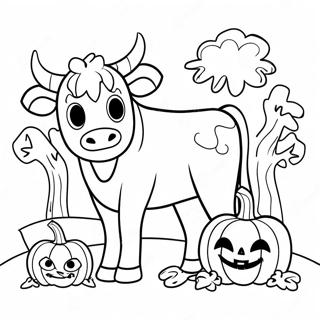Spooky Halloween Kuh mit Kürbissen Ausmalbild | Halloween Kuh Ausmalbild