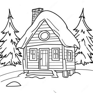 Schneebedecktes Winterhaus mit Kiefern Ausmalbild | Winterhütte Ausmalbild