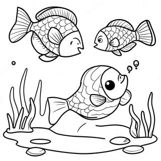 Teichszene mit bunten Fischen Ausmalbild | Teich Ausmalbild