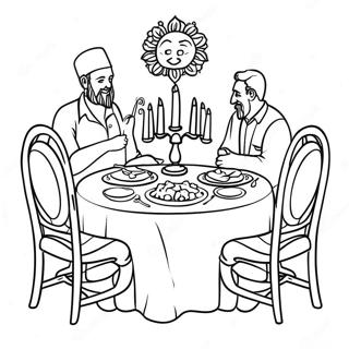 Fröhlicher Schabbat Abendessen Tisch Ausmalbild | Schabbat Ausmalbild