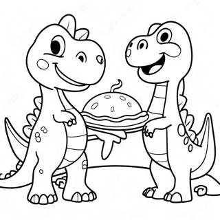 Niedliche Dinosaurier feiern Erntedankfest Ausmalbild | Dinosaurier Erntedankfest Ausmalbild