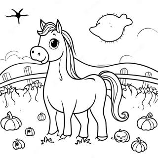 Gruseliges Pferd im Kürbisfeld Ausmalbild | Halloween Pferd Ausmalbild