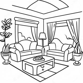 Gemütliches Wohnzimmer im Haus Ausmalbild | Innenhaus Ausmalbild