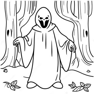Ghostface in einem gruseligen Wald Ausmalbild | Gespenstsgesicht Ausmalbild
