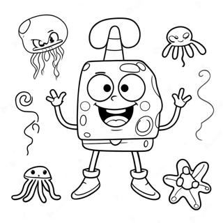 Fröhlicher SpongeBob mit Qualle Ausmalbild | SpongeBob und Patrick Ausmalbild
