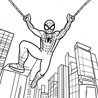 Abenteuerlicher Spiderman, der durch die Stadt schwingt Ausmalbild | Süßer Spiderman Ausmalbild
