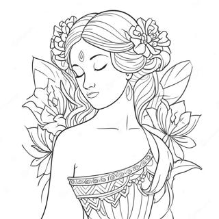 Elegante Göttin mit Blumen Ausmalbild | Göttin Ausmalbild