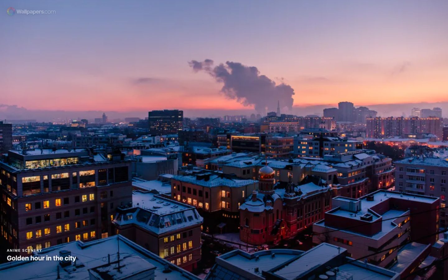 Ein neuer Chrome-Tab mit einem Stadtpanorama-Wallpaper im Vollbildmodus zur goldenen Stunde, mit dem Wallpapers.com-Logo und dem Wallpaper-Titel